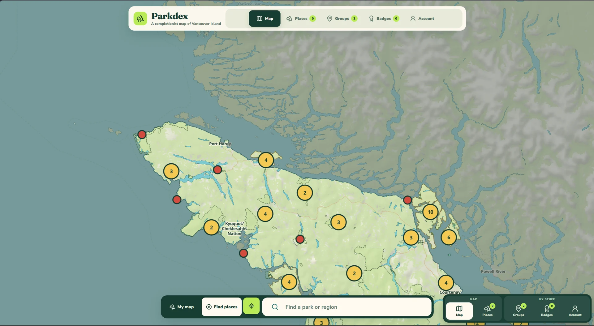 Parkdex map overview showing Vancouver Island