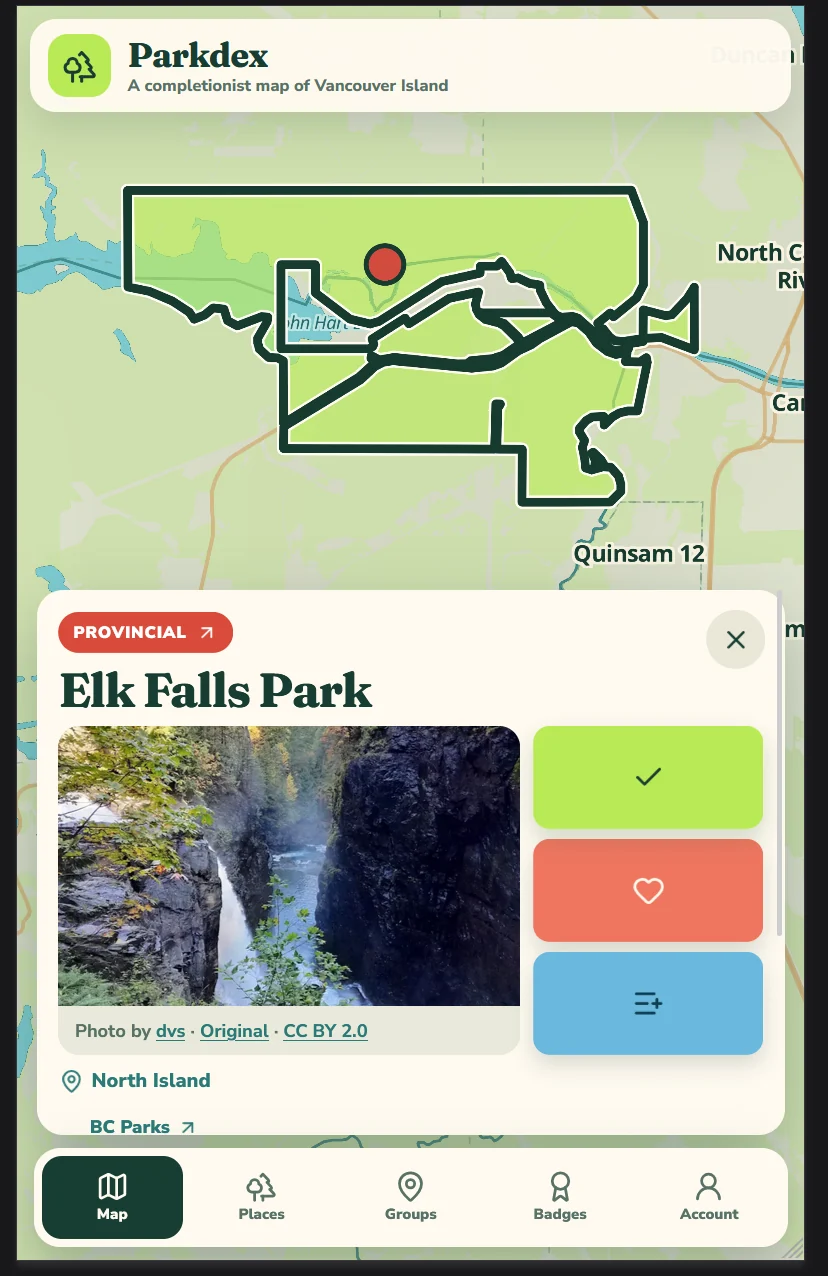A park detail view in Parkdex