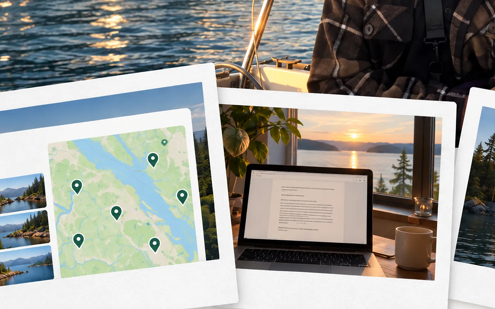 A laptop open to a draft beside an island sunset